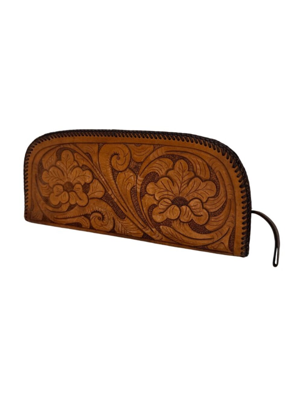 Vintage Tooled Leather Clutch Floral Brown Zipper Pouch 12 Inch Boho Western 197 - Picture 3 of 10
